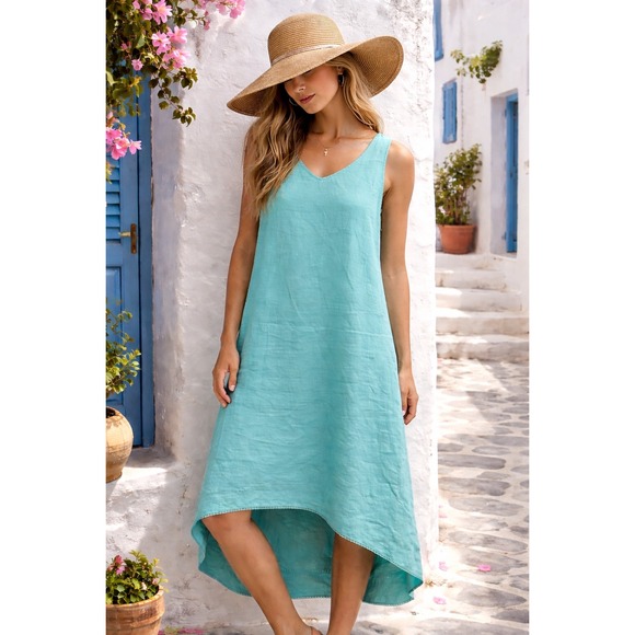 J.Jill Dresses & Skirts - J.Jill Love Linen Sleeveless V-Neck High-Low Dress Turquoise Blue Womens Medium